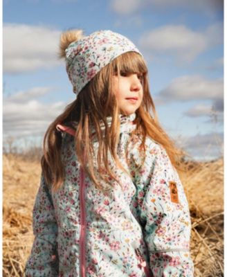 Girl Stretch Jersey Hat Blue Mini Flower Print with Pompom - Toddler|Child