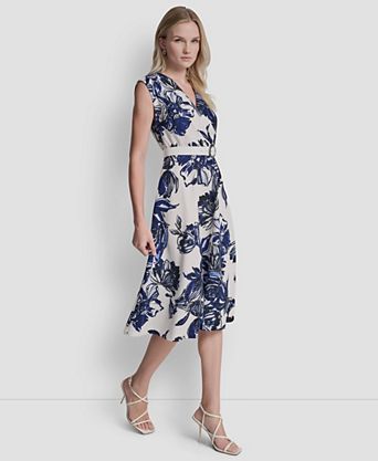 fit and flare dress summer Pink Floral-Print Fit-and-Flare Midi Summer Dress Peach Rose Floral Print / XSmall