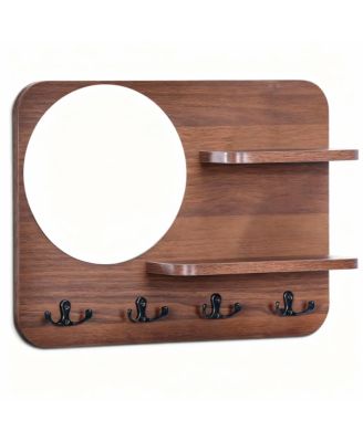Oak Wood Key Rack with Mirror, Hooks, and Shelves for Home Decor