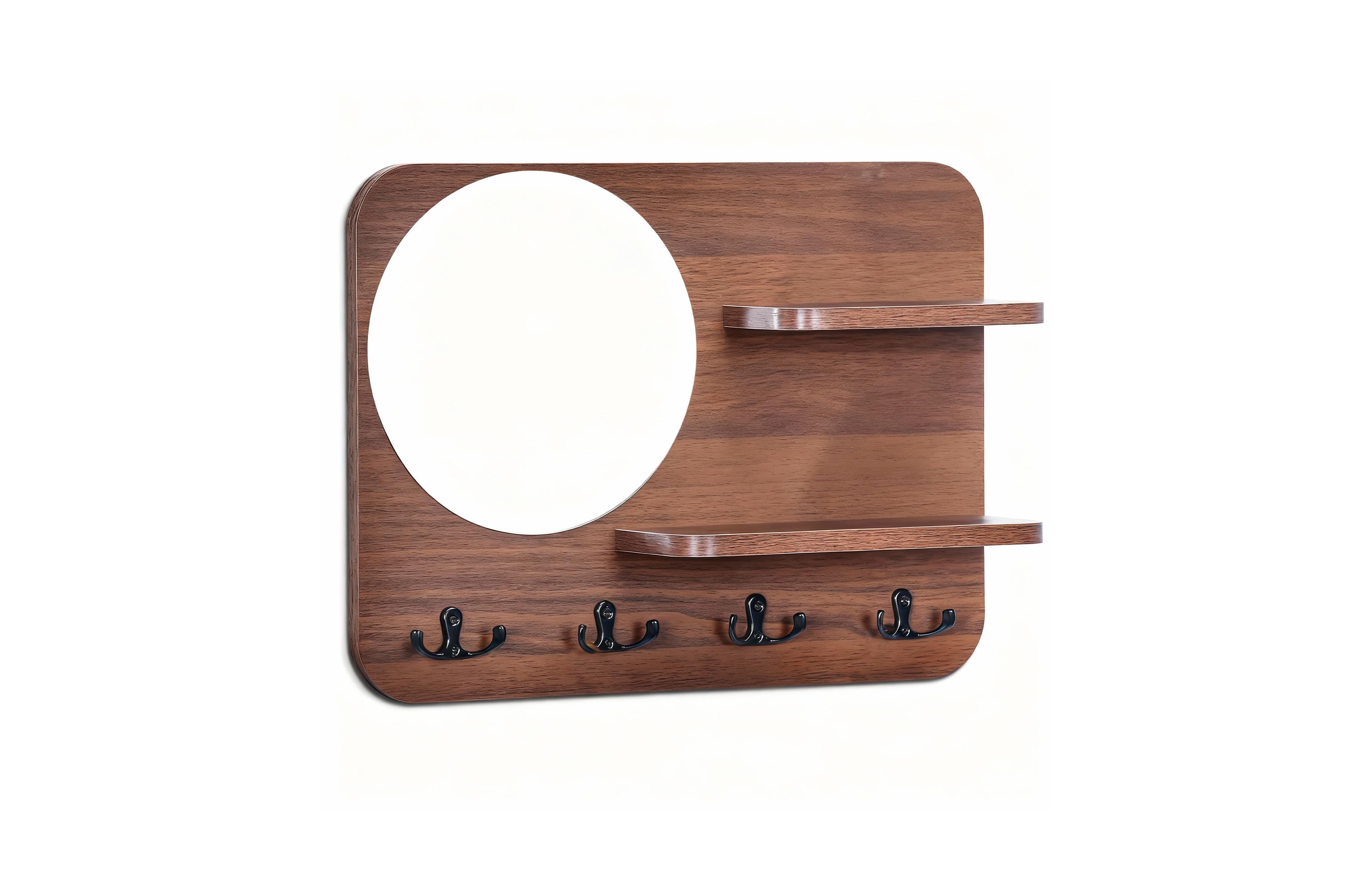 Yigii Oak Wood Key Rack with Mirror, Hooks, and Shelves for Home Decor