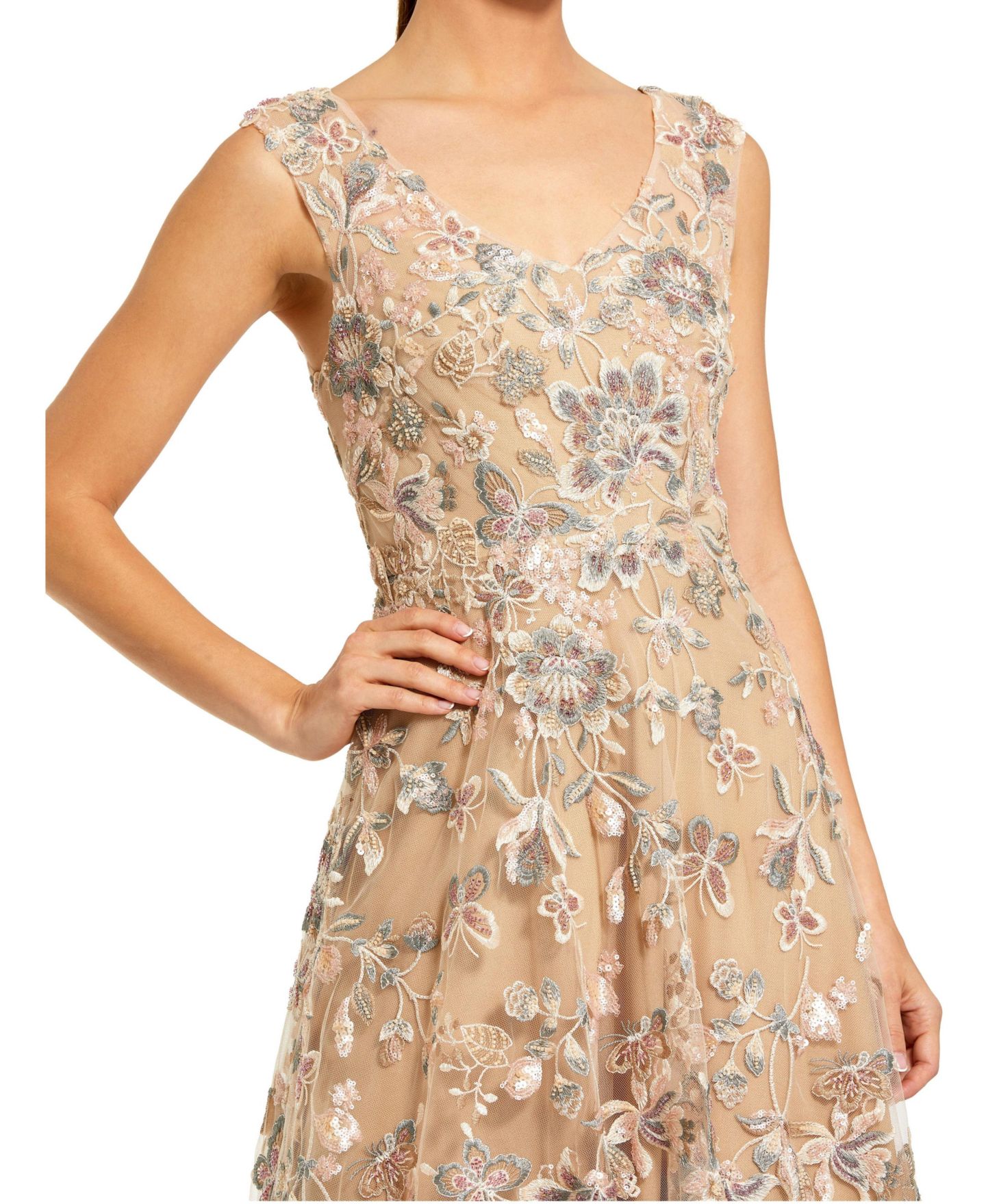 Женское платье Mac Duggal Floral Embroidered Sleeveless V Neck Gown, цвет: Серо-коричневый — фото 3