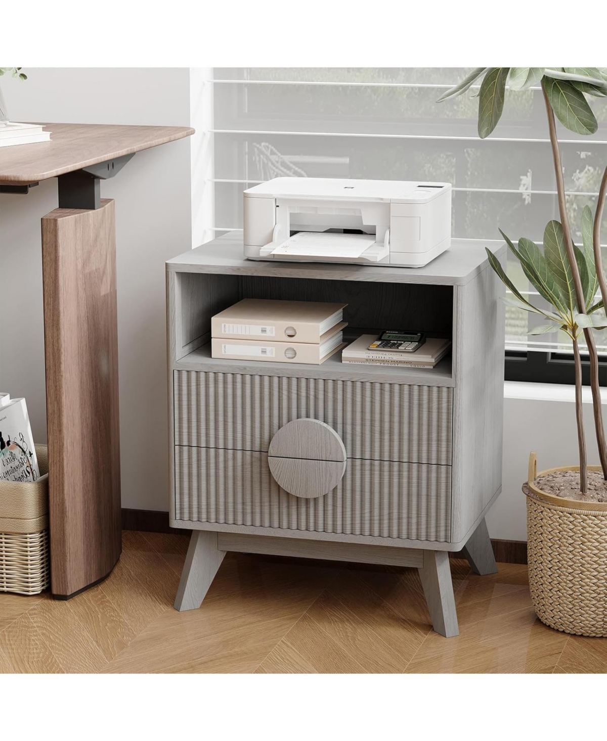 gaomon Modern Wood Nightstand with Charging Station, Fluted Bedside Table with Drawers and Shelf for Bedroom, Living Room