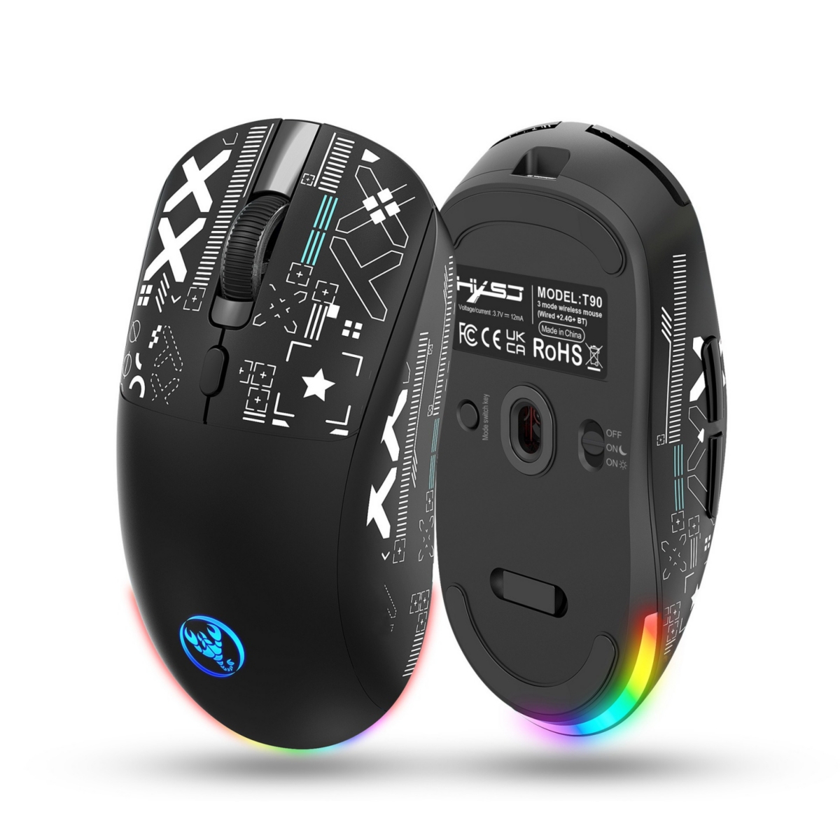 Risokeys Tri-Mode Wired/2.4G/Bluetooth Gaming Mouse, Rgb Backlit Rechargeable 650mAh, 5 Adjustable Dpi 800-3600 for Pc, Laptop
