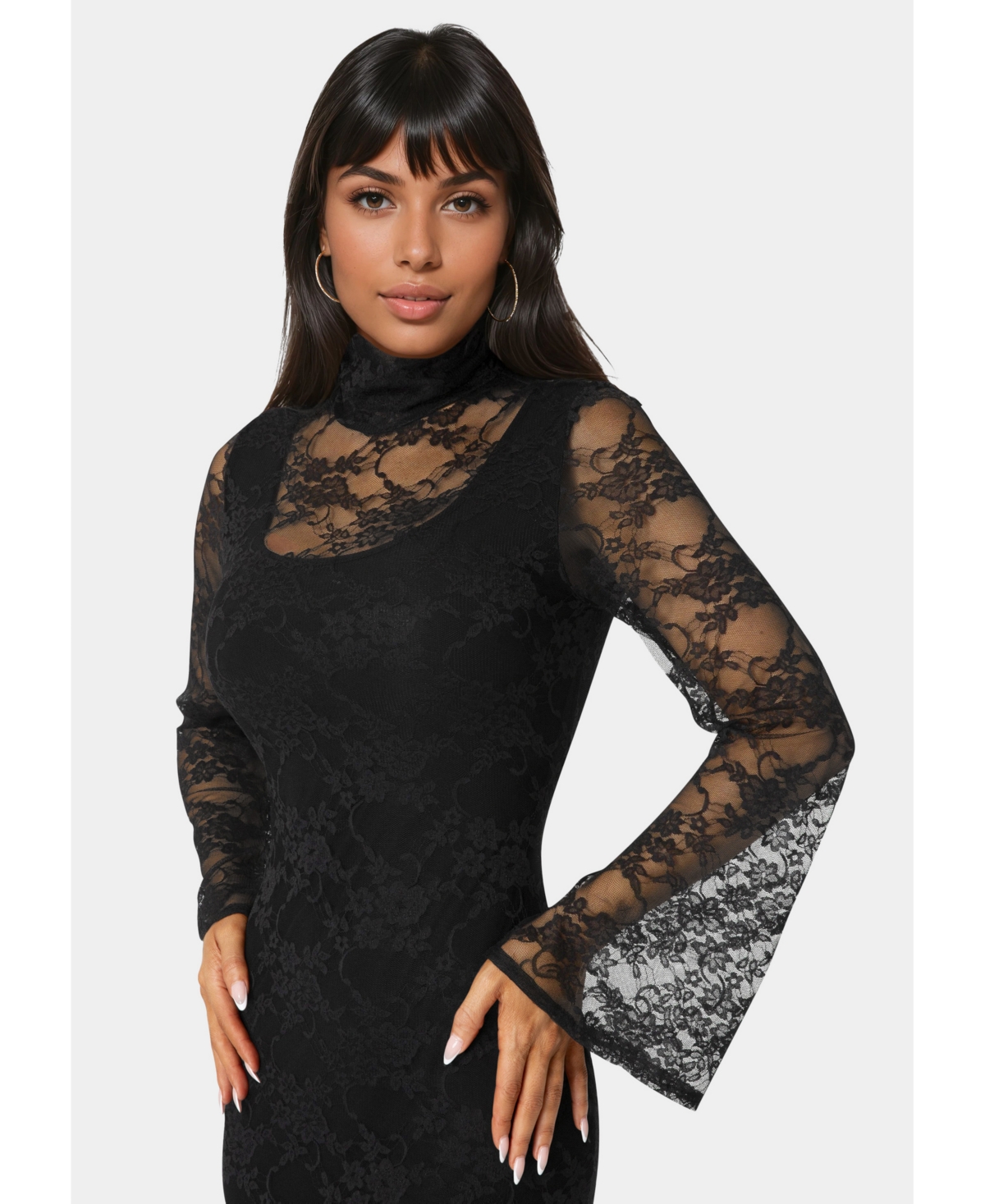 Bebe Women's Lace Turtleneck Illusion Maxi Dress