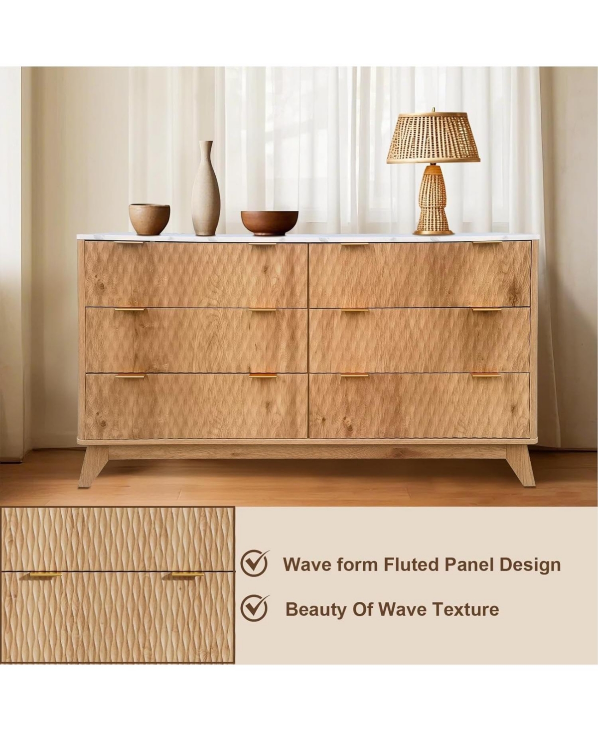 gaomon Bedroom Chest of Dresser Wood, 54 in Drip Pattern Six-Drawer Chest with Faux Marble Top, Wide Wood Farmhouse Dresser, Drawer Storage Organizer