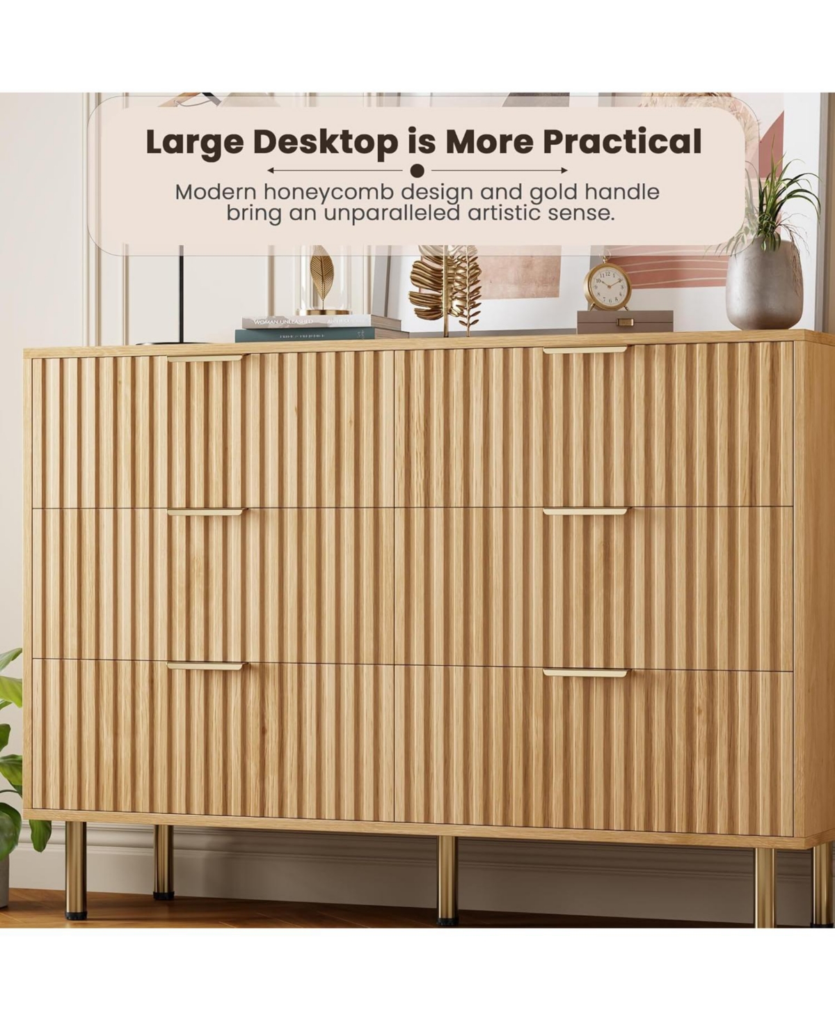 gaomon 6 Drawer Dresser for Bedroom, Fluted Dresser with Large Drawers and Sturdy Gold Legs Support, Dressers & Chests of Drawers for Bedroom