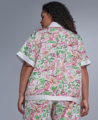 Plus Size Printed Camp Collared Shirt