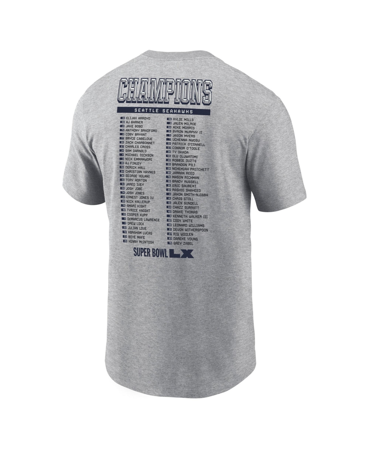 Nike Men's Heather Gray Seattle Seahawks Super Bowl Lx Champions Classic Roster T-Shirt