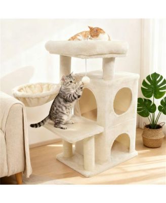 Cat Tree with 2-Tier Cat Condo, 33.5-Inch Multi-Level Tower with Sisal Scratching Posts & Anti-Toppling Device, Beige