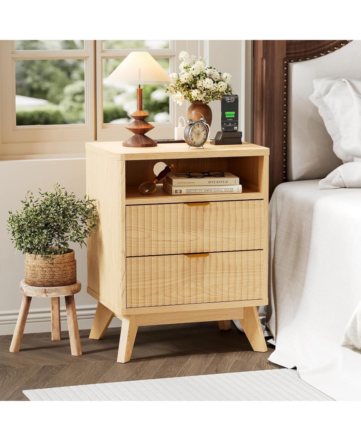 gaomon Fluted Nightstand with Charging Station Set of 2, Solid Wood Nightstands with 2 Drawers and Open Shelf