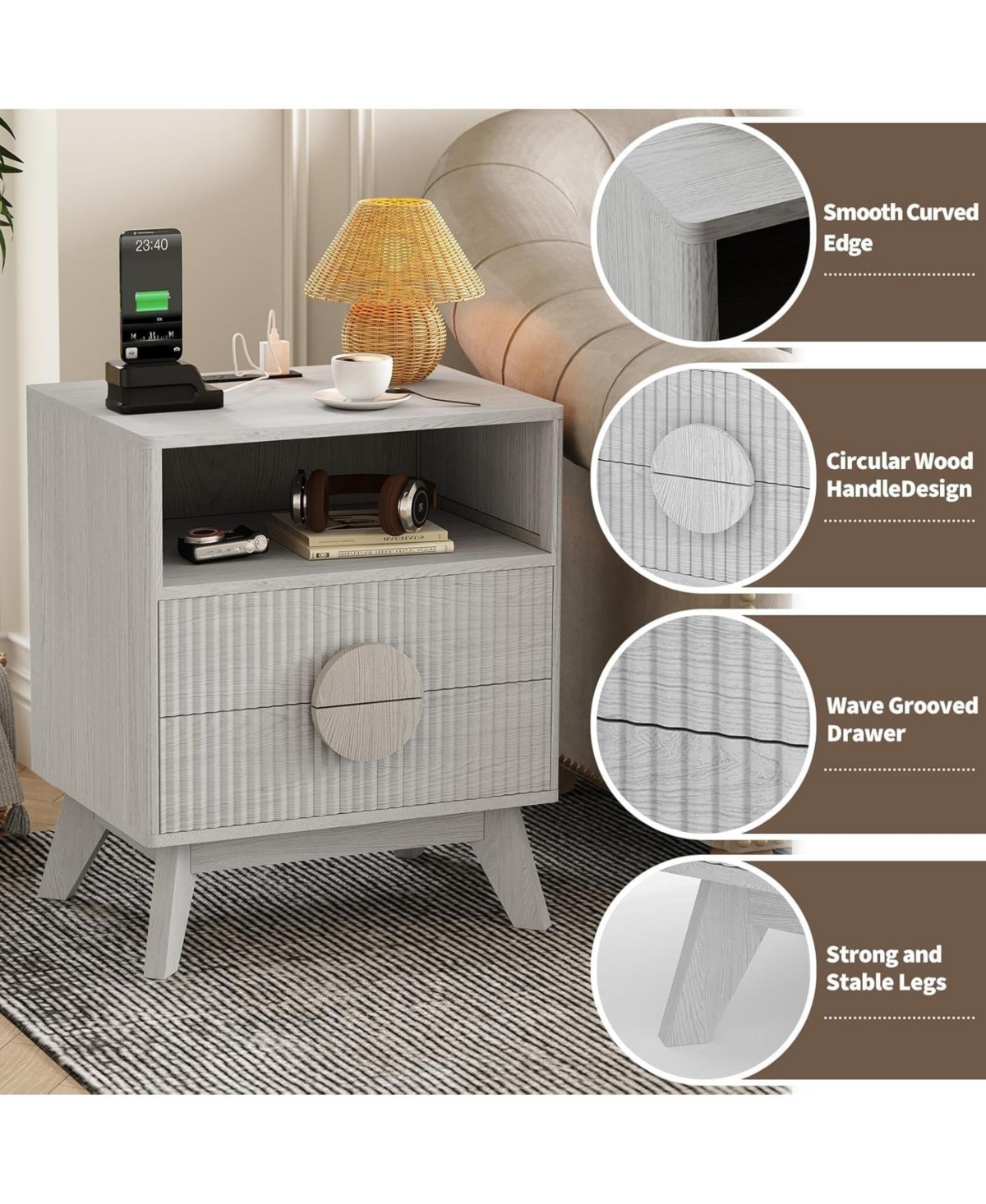 gaomon Modern Wood Nightstand with Charging Station, Fluted Bedside Table with Drawers and Shelf for Bedroom
