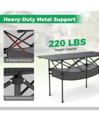Folding Patio Camping Table with Roll-Up Top and Mesh Storage Basket, Portable