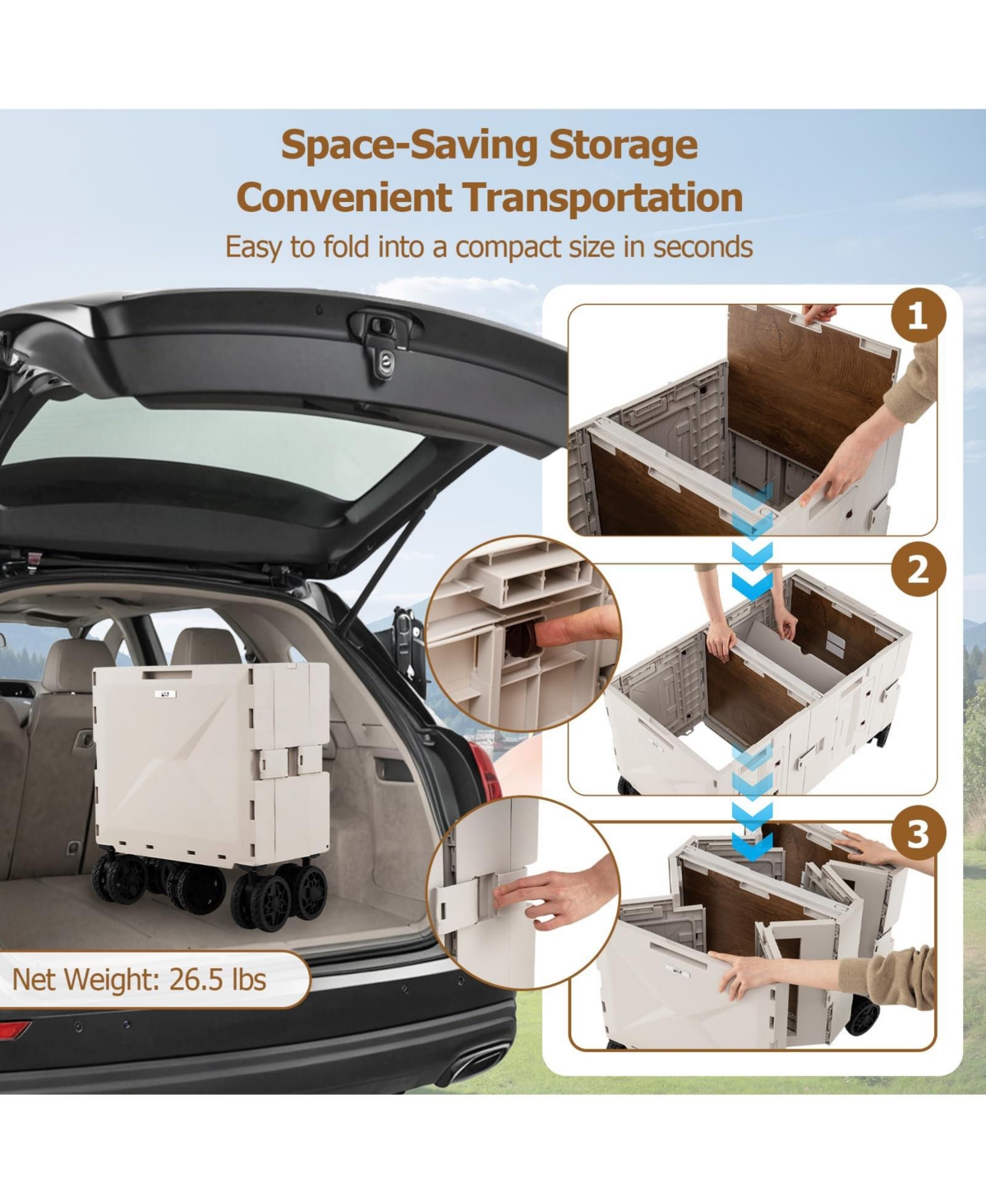 Mecale Large Foldable Utility Cart with 2-Tier Storage Crates and Telescoping Handle