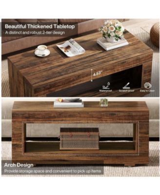 43.3" Wood Coffee Table for Living Room,2-Tier Farmhouse Rectangular Center Table Cocktail Living Room Table
