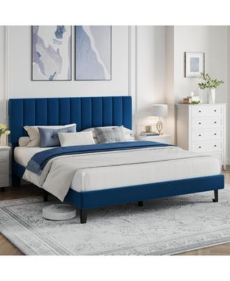 Platform Bed Frame with Adjustable Velvet Headboard, Vertical Channel Tufted Upholstered Design, No Box Spring Needed