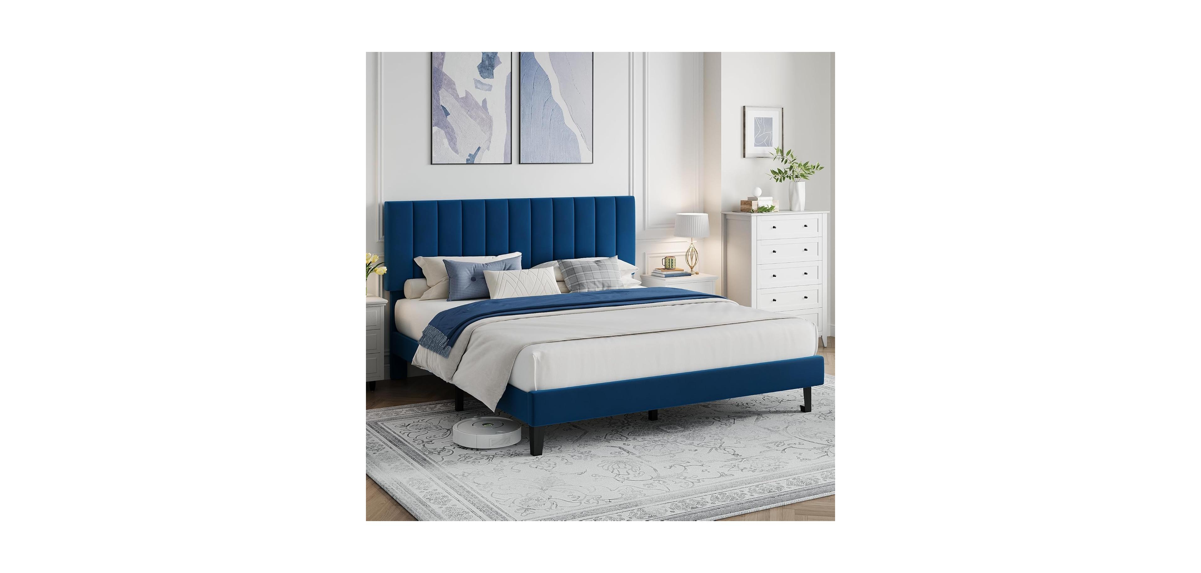 gaomon Platform Bed Frame with Adjustable Velvet Headboard, Vertical Channel Tufted Upholstered Design