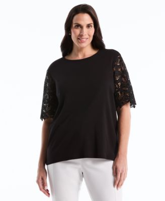 Plus Size Drape Lace Sleeve Crewneck Top