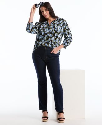 Plus Size Floral Print Shirred 3/4-Length Sleeve Top