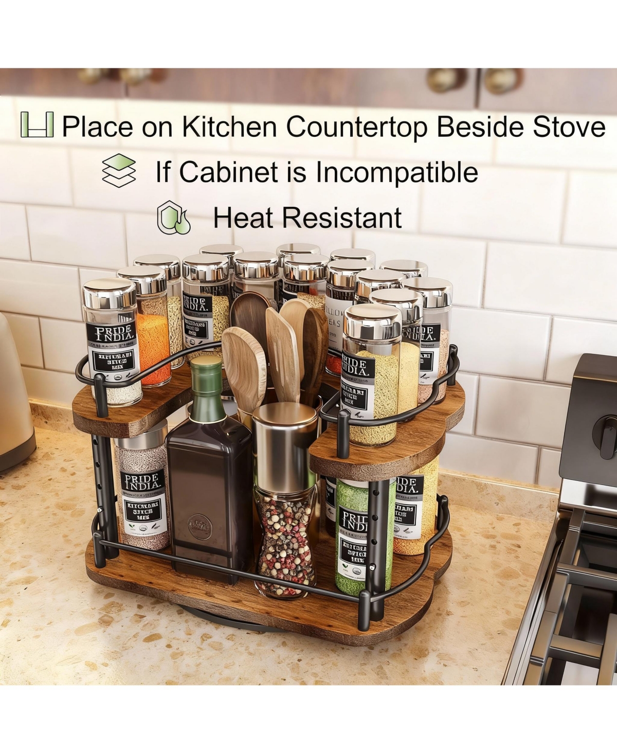 Yigii Adjustable Spice Rack for Cabinet,Sturdy Wood & Metal