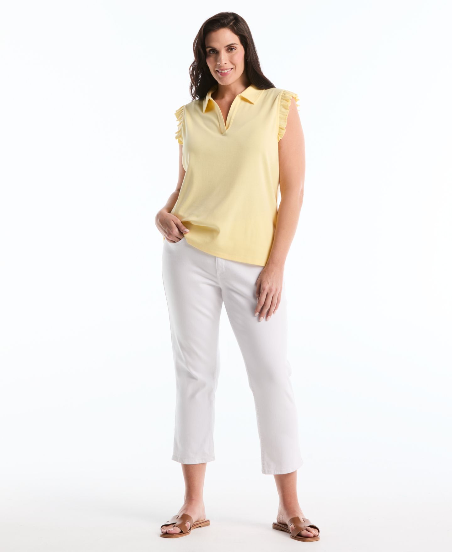 Женская футболка Rafaella Plus Size Ruffle Sleeveless Collared Polo T-Shirt, цвет: Pale Banana — фото 2