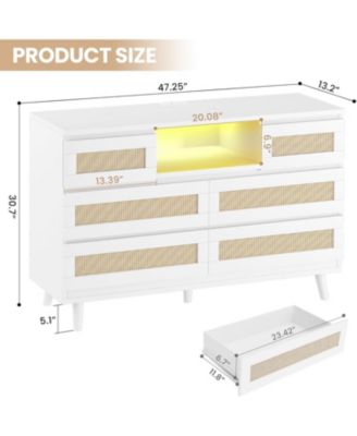 Rattan Wooden Dresser for Bedroom with 6 Drawers,47 Inch Wide Modern Dresser with Charging Station & LED Lights,Open Shelves,LivingBedroom