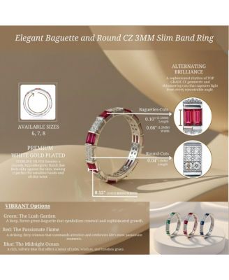 White Gold Plated Baguette & Round CZ 3MM Slim Band Ring