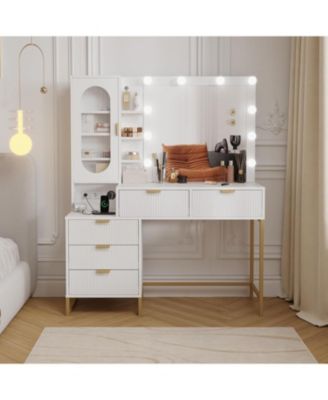 Vanity Benches, Modern Makeup Vanity Desk with Adjustable Mirror, Built in Charging Station, 5 Drawers
