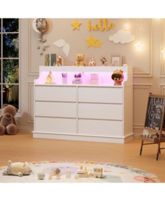 Dresser for Bedroom, 6 Drawer Dresser with LED Lights and Charging Station, Wide Chest of 6 Drawers with Open Space