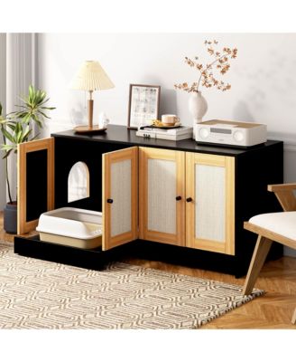 double cat litter box enclosure with rattan doors and pull out tray