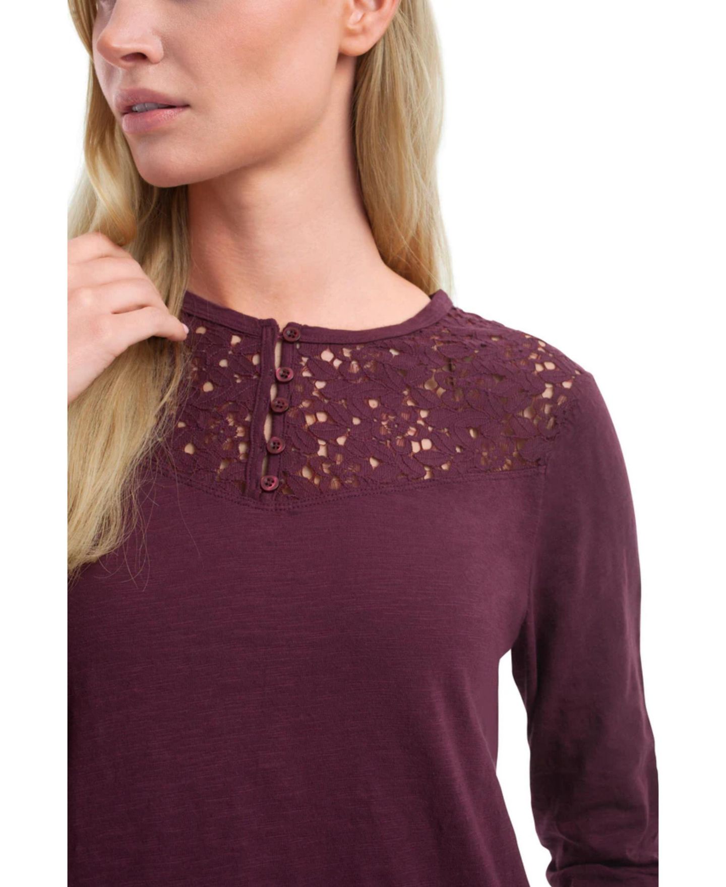 Женская футболка WILT Lace Yoke Henley, цвет: Тёмный инжирный — фото 4