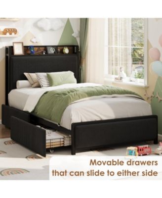 Twin-XL Size Bed Frame with Storage Headboard, Black Corduroy Upholstered Twin Platform Bedframe with Storage Drawers and Charging Station