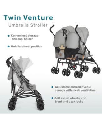 Baby Twin Venture Umbrella Stroller, Multi Backrest Positions, Adjustable & Removable Canopy Double Stroller, 360°Swivel Wheels with Locks