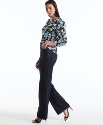 Petite Floral Print Shirred Henley Neck Top