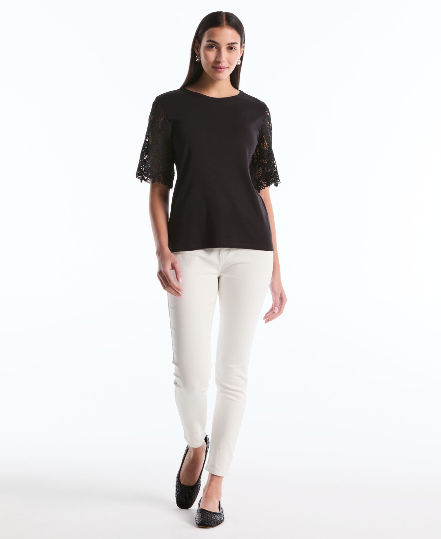 Женский топ Rafaella Petite Draped Lace Crew Neck, цвет: Чёрный — фото 2