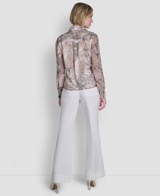 Women's Printed Ruffle Front Long-Sleeve Collared Blouse