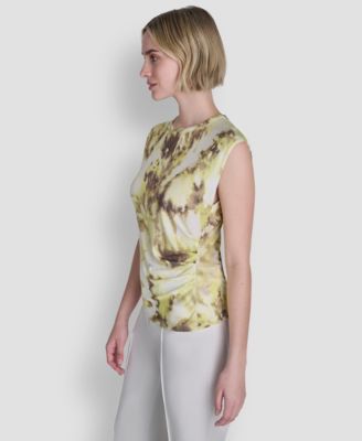 Women's Printed Knit Crew Neck Cap-Sleeve Top