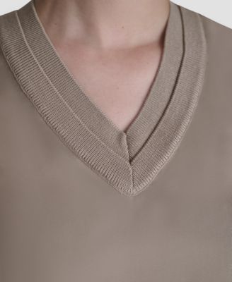 Women's Mixed Media V-Neck Sleeveless Sweater