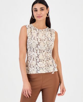 Petite Printed Sleeveless Ruched Mesh Top