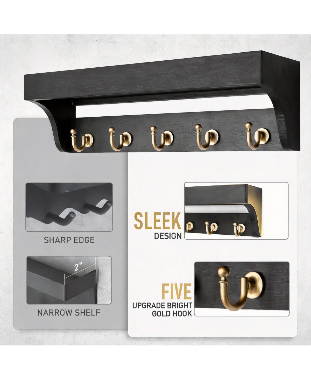 Yigii Wood Key Rack with Hooks and Shelves for Entryway Decoration