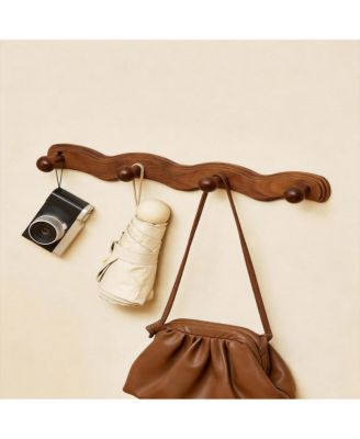 Wave-Shape Walnut Wood Coat Rack with 6 Hooks for Hats, Coats, Bags