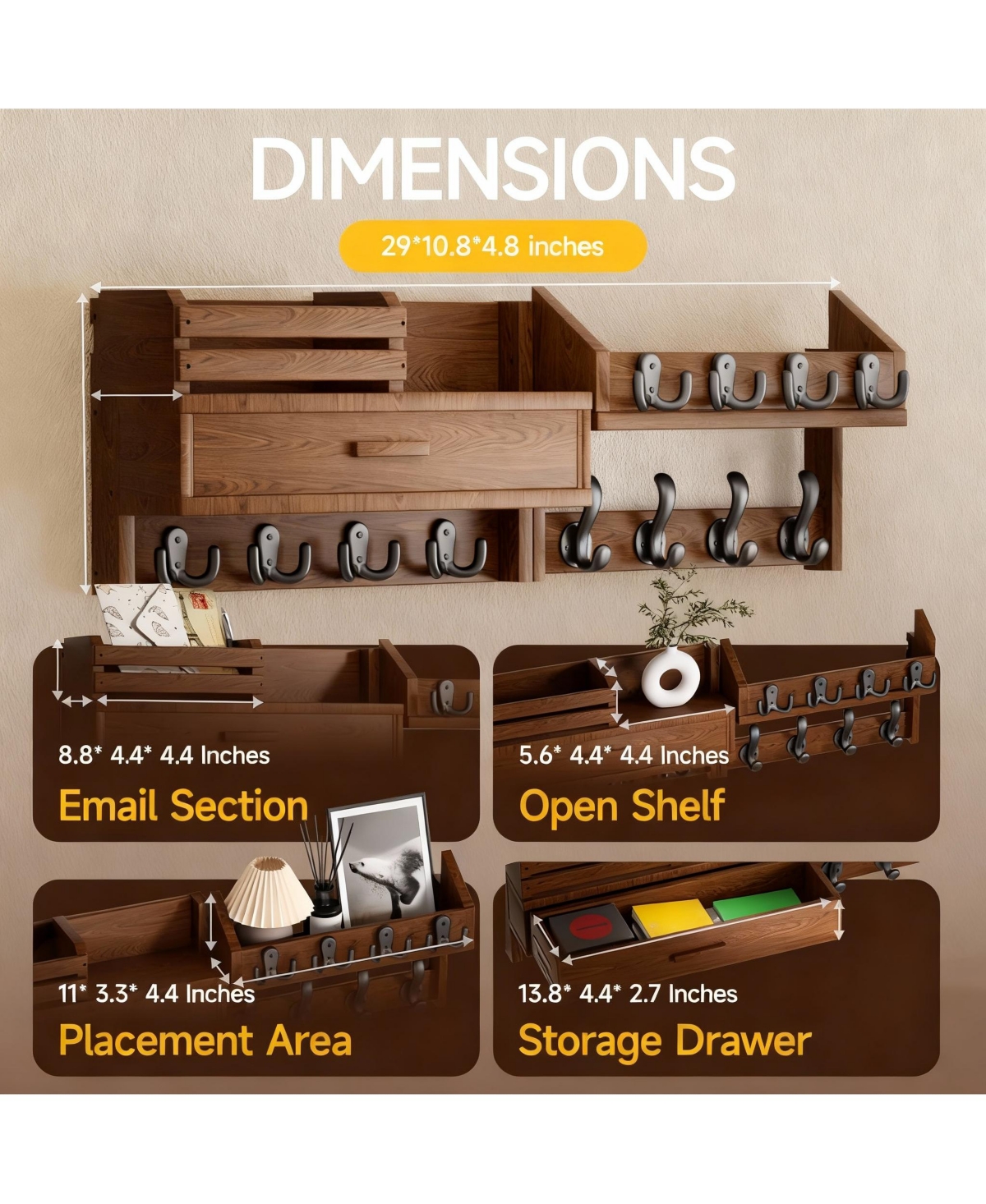 Yigii Solid Wood 6-in-1 Wall Organizer with 12 Hooks, Drawer & Shelf for Entryways