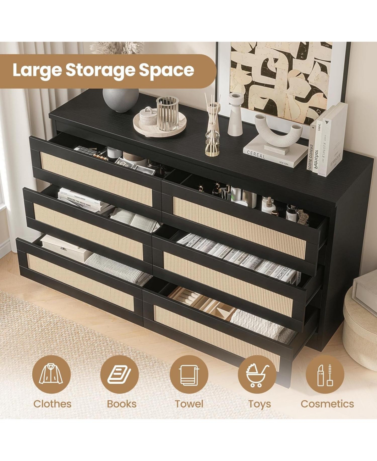 gaomon 6 Drawer Double Dresser for Bedroom, Rattan Dresser with Smooth Mental Slide, Modern Wood Chest for Closet, Living Room, Hallway