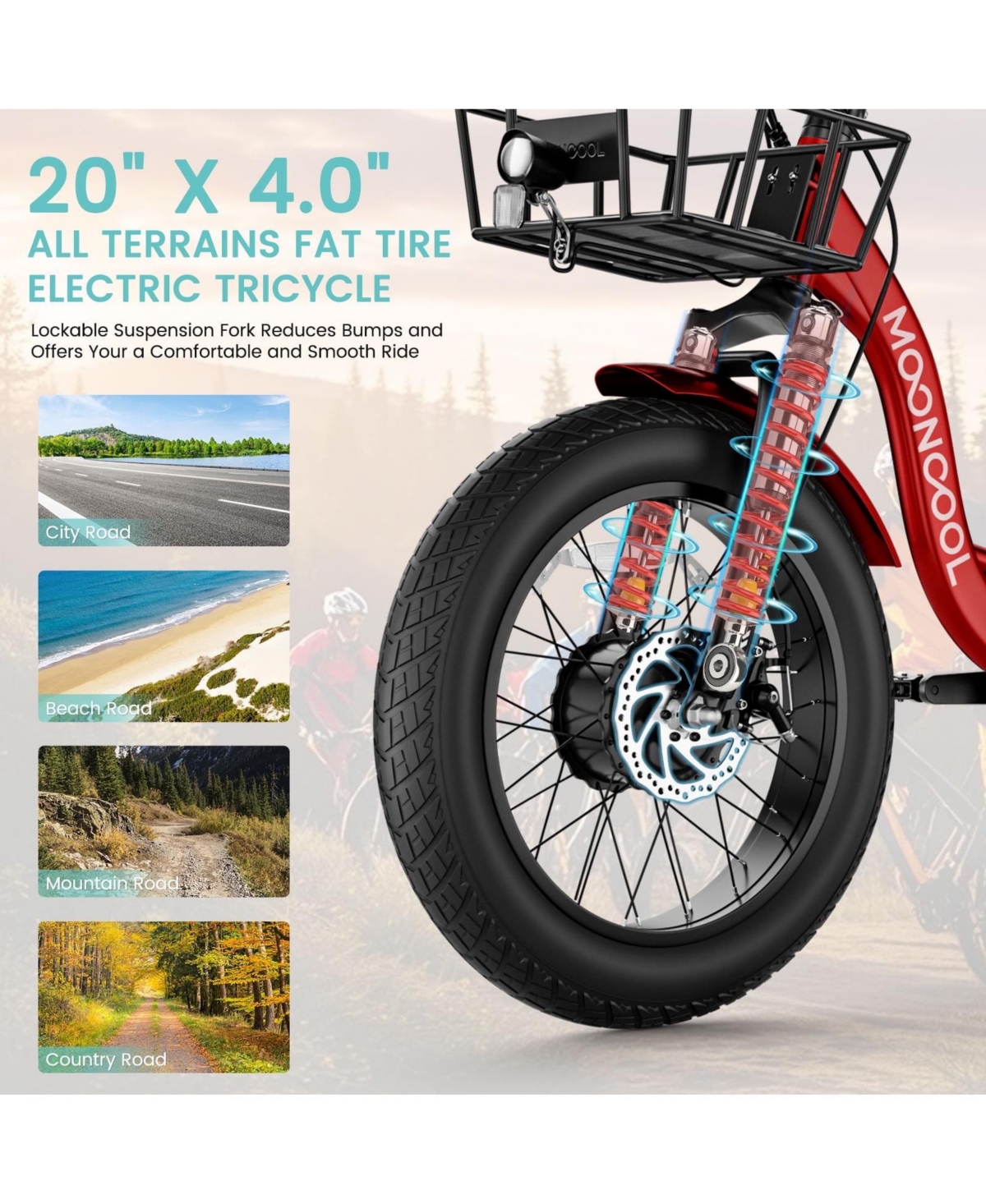 Mooncool TK1 Fat Tire 500W All-Terrain Electric Tricycle for Adults, 20" x 4.0" Wheel
