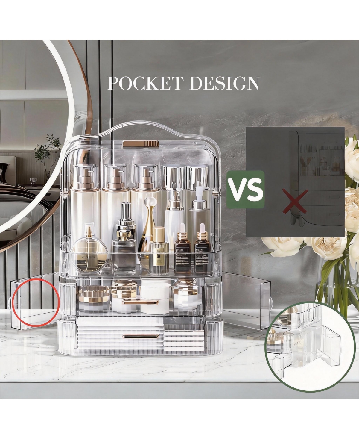 Yigii Cosmetics Organizer with Clear Lid, Drawers, Portable Handle, Dustproof, Space-saving