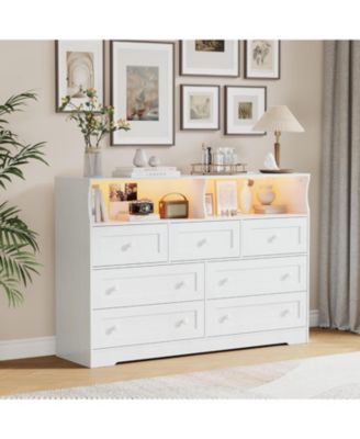 7 Drawer Wooden Dresser with LED Lights, Charging Station & 2 Open Compartments, Freestanding Bedroom Storage Organizer