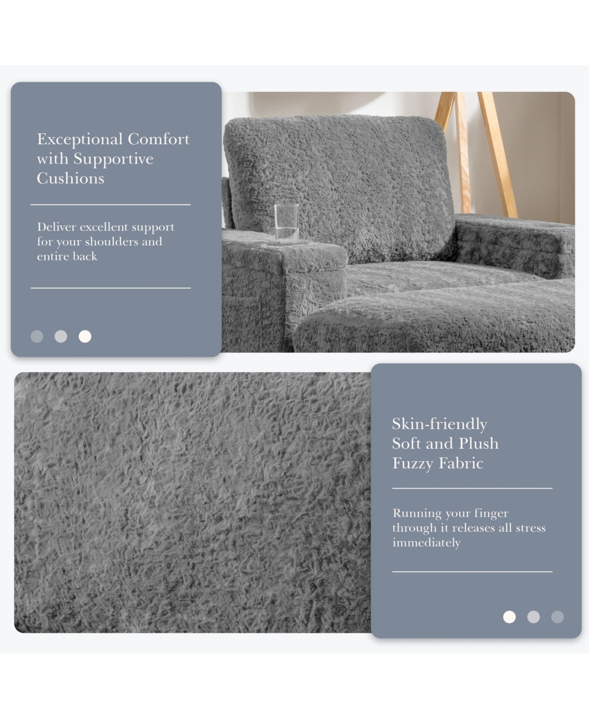 Boyel Living Faux Rabbit Fur Sofa with Storage Ottoman and Armrests,Cup Holders,Upholstered Sleeper Chair,Chaise Lounge,Reading