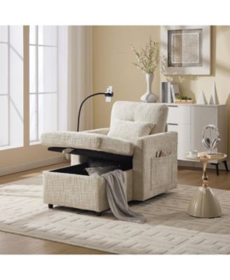 Multifunctional Chenille Sofa with Storage & Cell Phone Bracket, Single Sleeper Chair, Chaise Lounge Chair