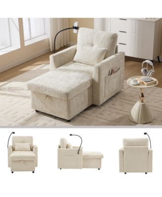 Multifunctional Chenille Sofa with Storage & Cell Phone Bracket, Single Sleeper Chair, Chaise Lounge Chair