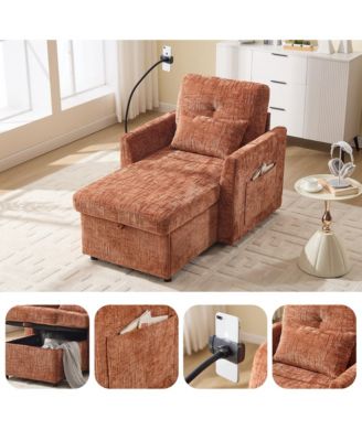 Multifunctional Chenille Sofa with Storage & Cell Phone Bracket, Single Sleeper Chair, Chaise Lounge Chair
