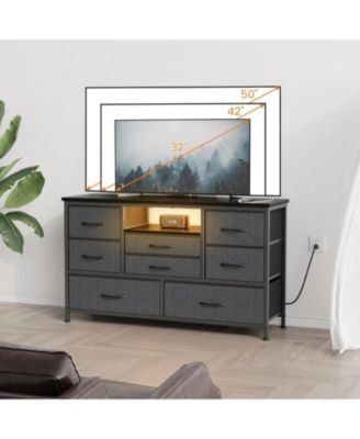 47" Particleboard, Iron Frame 8-Drawer TV Stand, LED Media Console with Power Outlet